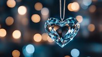 Crystal heart pendant with blue tint hanging against blurred warm bokeh lights background creates romantic atmosphere for Valentine's day and love concepts.