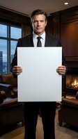 Professional Caucasian businessman in pinstripe suit holding blank white sign in luxury office with fireplace and city view for corporate presentations.