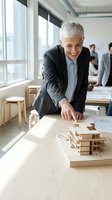 Senior female architect with short white hair and Caucasian ethnicity examining wooden architectural model in modern office with colleagues in background, suitable for business and design projects.