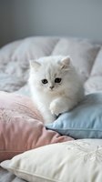 Fluffy white kitten with green eyes sitting on pastel bedding and pillows, perfect for pet care, home decor, and lifestyle content.