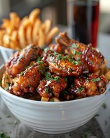 Glazed chicken wings garnished with sesame seeds and chopped green onions served in white bowl with french fries and soft drink in background.