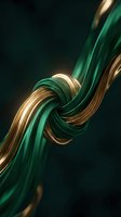 Intertwined emerald and gold ribbons flow in elegant curves against dark background, creating luxurious abstract design for premium branding and sophisticated marketing materials.