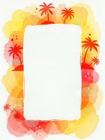 Tropical summer frame with palm trees and watercolor splashes in warm colors. Blank space for text or design elements. Perfect for vacation promotions.
