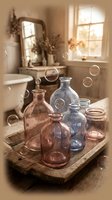 Vintage glass bottles and jars on wooden tray in cozy bathroom with floating soap bubbles creating dreamy spa atmosphere for relaxation and wellness.