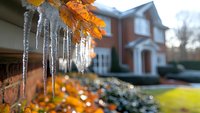 Glowing autumn maple leaves with hanging icicles against blurred suburban house background create dramatic seasonal contrast between fall and winter weather.