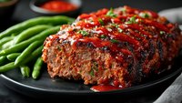 Homemade meatloaf with tomato sauce and herbs served on black plate with green beans, comfort food dinner photographed in dark moody setting.