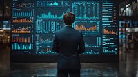 Businessman in dark suit analyzing multiple financial charts and market data on large blue digital screens in modern trading room, rear view perspective.