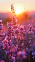 Blooming lavender flowers in purple and pink hues against dramatic sunset sky, with sun creating magical bokeh effect and warm golden backlight.