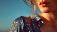 Close-up of young woman with blonde hair wearing blue polka dot blouse against clear blue sky background, golden hour lighting creating warm atmosphere.