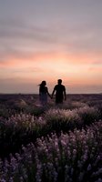 Couple holding hands walking through blooming lavender field at sunset, silhouetted against golden sky with purple flowers in foreground for romantic lifestyle and travel content.