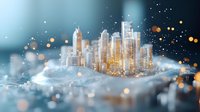Modern cityscape with glowing skyscrapers emerging from misty clouds, illuminated by golden bokeh lights creating dreamy atmospheric urban scene for business concepts.