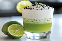 Layered green matcha cocktail with creamy white foam top garnished with black sesame seeds and fresh lime slice, served in rocks glass on white surface.