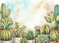 Watercolor illustration of potted cacti and succulents arranged in decorative containers against soft pastel background, suitable for botanical art, home decor, and design projects.