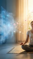 Young Asian woman meditating with holographic data visualization and floating cherry blossoms in sunlit room for wellness technology and mindfulness apps.