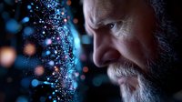 Mature bearded man in profile view against dark background with glowing blue and orange bokeh particles creating mystical atmosphere. Dramatic side lighting.