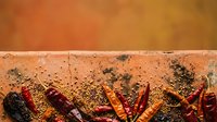 Dried red chili peppers and mustard seeds arranged on rustic terracotta surface, ideal for culinary, food styling, and spice-related design projects.