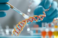 Scientist in blue gloves manipulating DNA double helix model in laboratory setting with test tubes and research equipment in background, genetic research concept.