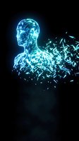 Glowing blue digital human silhouette fragmenting into particles on black background representing artificial intelligence and technology transformation.