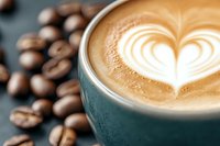 Creamy latte art heart pattern in turquoise ceramic cup with roasted coffee beans scattered on dark surface, shallow depth of field close-up shot.