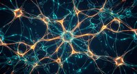 Neural network connections with glowing synapses and electric impulses in brain tissue for medical research and neuroscience education.