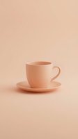 Peach ceramic teacup with saucer on matching monochromatic background, isolated for beverage, café, and tableware design projects.