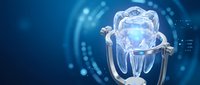 Futuristic holographic brain projection emerging from digital device on blue technology background with glowing data streams and neural network patterns.