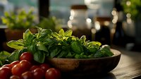 Fresh basil leaves in rustic wooden bowl with ripe cherry tomatoes on dark wooden table, soft bokeh background creates cozy kitchen atmosphere.