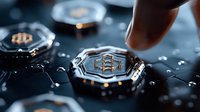 Macro shot of quantum computer processor chips with circuit pattern design, metallic surface reflecting blue light, finger touching electronic component.