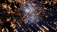 Abstract digital circuit board with glowing golden lights and electronic pathways creating futuristic technology background for modern design projects.