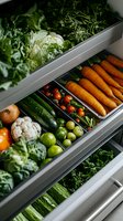 Fresh organic vegetables and fruits neatly organized in refrigerator drawers. Carrots, tomatoes, lettuce, cucumbers, cauliflower and apples arranged in modern kitchen storage.