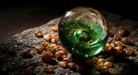 Mystical green crystal ball with swirling energy surrounded by amber gemstones on dark textured surface for fortune telling and spiritual practices.