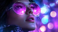 Young Asian woman wearing round reflective sunglasses with cosmic galaxy reflection against neon purple and blue bokeh background, close up portrait showing glossy lips.
