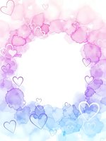 Watercolor heart frame with pink purple blue gradient background and white center space for text or design elements.