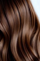 Close-up of glossy brunette hair with caramel highlights showing smooth, wavy texture for beauty and haircare advertising.