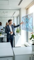 Male professional in dark business suit presenting financial growth chart with upward arrows and percentage symbols on glass board to diverse colleagues in modern office meeting room with natural light.