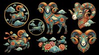 Ornate goat zodiac sign illustrations with decorative patterns, isolated on transparent background. Ready for t-shirt design, clipart, stickers, sublimation, and print-on-demand products.