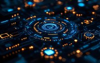 Futuristic glowing blue and orange circular technology pattern on dark background with digital interface elements and circuit connections for tech concepts.