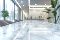 Modern office lobby with white marble table surface in foreground and blurred corporate interior background with plants and natural lighting.
