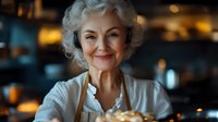 Smiling senior woman with gray curly hair in white shirt at restaurant. Mature female enjoying dining experience with warm bokeh lights background.