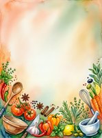 Watercolor cooking frame with fresh vegetables, herbs, kitchen utensils, and spices arranged on soft pastel background. Culinary design template for recipe blogs, menus, and food-related projects.