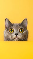 Curious gray cat with bright yellow eyes peeping from bottom of frame against vibrant yellow background. Close up portrait showing expressive feline face.