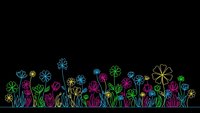 Colorful neon flowers and plants glowing on black background. Vibrant electric botanical garden with stems and blooms in bright colors for modern design.