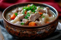 Hearty meat stew with tender chunks of meat, potatoes, carrots and fresh herbs served in traditional ceramic bowl with ornate pattern on burgundy background.