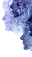 Ethereal swirling smoke in shades of blue and purple creates abstract patterns against white background, suitable for creative design projects and atmospheric compositions.