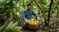Young Hispanic male farmer harvesting fresh cacao pods in tropical plantation, sitting with wicker basket full of yellow cocoa fruits among lush green trees.