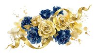 Elegant watercolor floral arrangement with navy blue and golden yellow roses, decorative ribbon, paint splatters for wedding invitations and luxury designs.