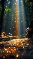 Magical sunbeam breaking through forest canopy creating golden sparkles and bokeh effect on ground, mystical nature atmosphere with glowing particles in dark woods.
