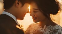 Romantic couple sharing intimate moment at golden hour sunset with warm backlighting creating dreamy atmosphere for wedding photography and love concepts.