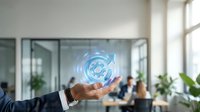 Businessman holding glowing digital currency symbol with upward arrow in modern office environment, representing financial growth, investment success, and digital economy trends.