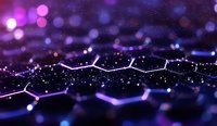Abstract technology background with glowing hexagonal grid pattern and purple bokeh lights creating futuristic digital landscape for tech presentations.